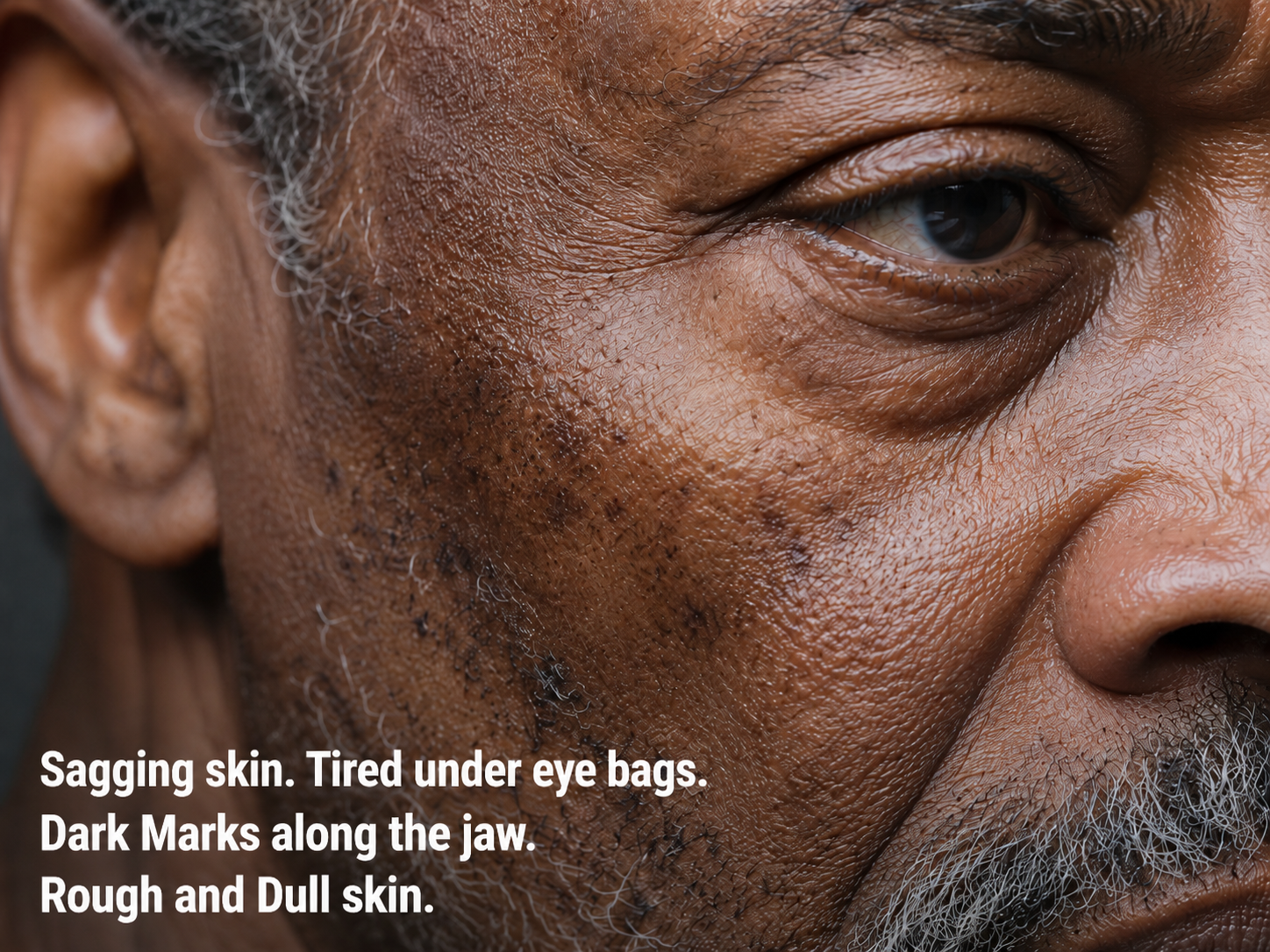 Close-up of aging concerns on Black skin including sagging, under-eye bags, dark marks along the jaw, and rough dull texture